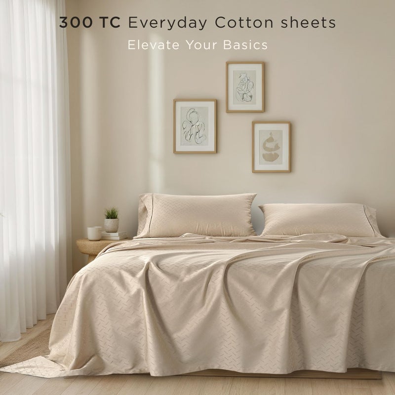 Threadmill Cotton Full Size Sheet Set | 100% Cotton Sheets for Full Size Bed | Damask Jacquard Full Bed Sheets Set with 16â€ Deep Pocket | Soft Sateen Weave 4-Piece Cooling Bedding Set | Beige - Image 2